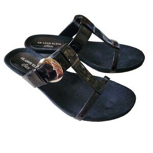 Anne Klein Shiny Black Buckle Sandals, Black Wedges, Black Slingback Sandals NIB